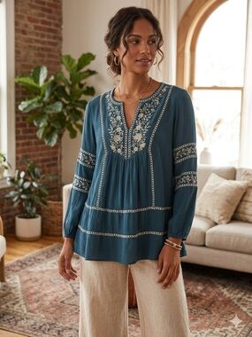 J. Jill Teal Blue Embroidered Boho Tunic Top - XS Petite - 100% Viscose
